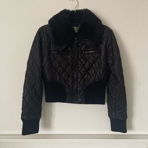 Ashley by 26 International Black Quilted Bomber Jacket with Faux Fur Collar Y2K
